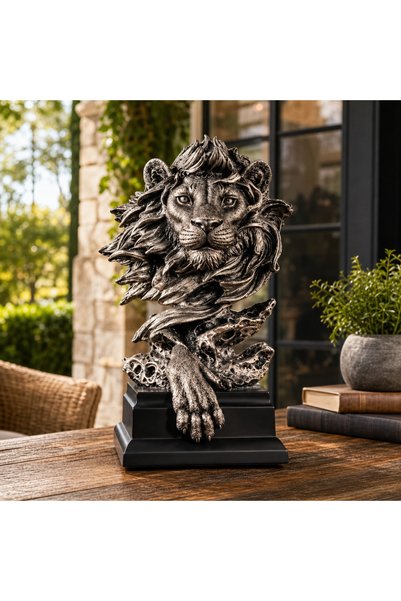 Vivendo Statueta Decorativa Premium Leu din Rasina pe Soclu Finisaj Metalic A...