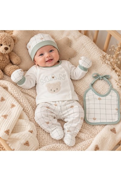 Pure Boutique Set haine bebe baietel 5 piese din bumbac, model ursulet, alb-v...