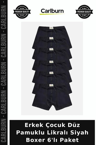 Carlburn Premium Boys' Plain Cotton Lycra Black Boxer Shorts, Pack of 6, Flex...