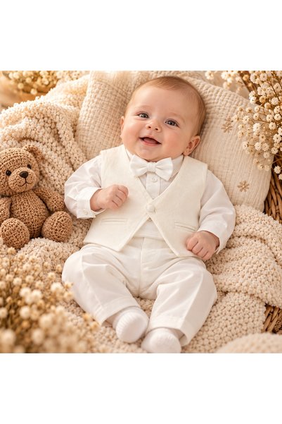 Pure Boutique Costum elegant bebe baiat 4 piese din bumbac alb cu vesta si pa...
