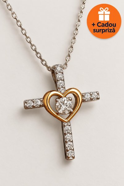 OferteTop Colier Damă cu Cruciuliță și Inimă Aurie, Pietre Strălucitoare, Lan...
