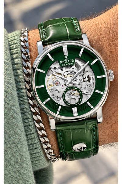 Reward Automatic, Battery-Free - Men's Wristwatch - Green Leather Strap -, Pr...