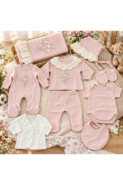 Pure Boutique Set bebe fetita din bumbac 10 piese, roz pudrat, model floral