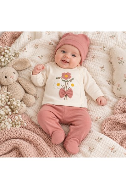 Pure Boutique Compleu bebe fetita 3 piese din bumbac, bluza cu flori, pantalo...