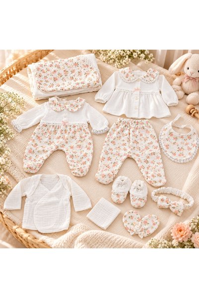 Pure Boutique Set bebe 10 piese din muselina, imprimeu floral, alb cu roz, bl...
