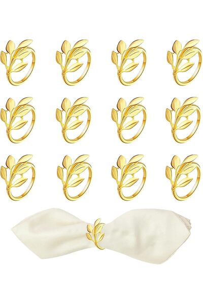 GENERAL Gold Napkin Rings Set of 12 Modern Leaves Metal Napkin Ring Holders f...