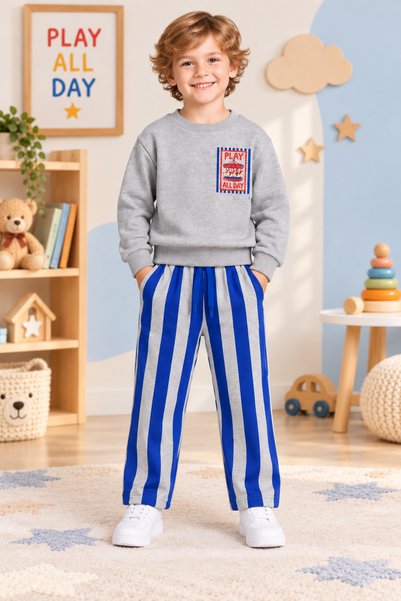 ışık kids Boys' play all day printed sweatshirt and striped straight-leg pant...