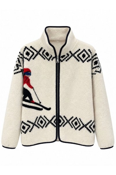 manana fashion Sleigh Patterned Stand Collar Polar Teddy Fleece Cardigan