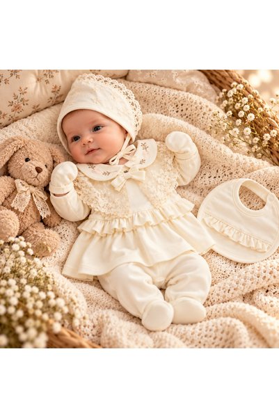 Pure Boutique Set bebe 5 piese din bumbac, bluza cu dantela, pantaloni cu bot...