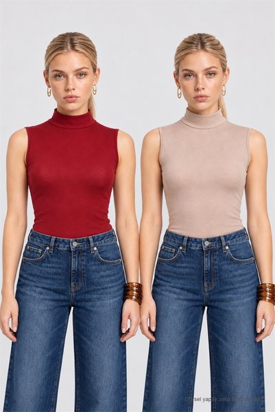 Lovelyİstanbul 2-Piece Set of Turtleneck Viscose Blouses Lrn0019 Bordo Vizon