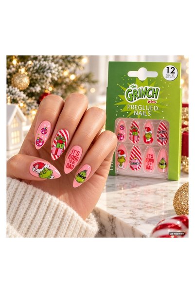 OEM Set 12 Unghii False Grinch pentru Adulți, Model de Crăciun, Manichiură Fe...