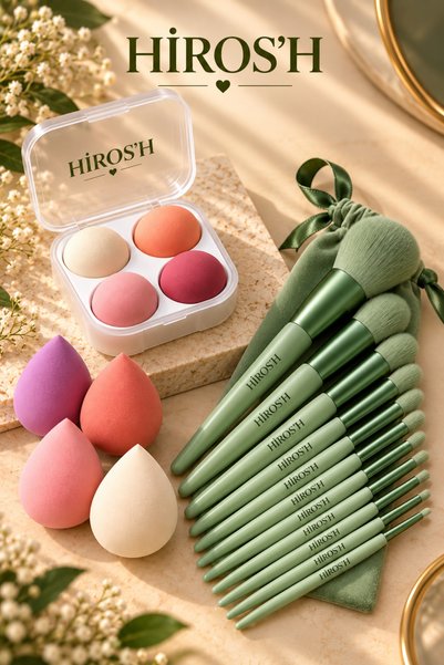HİROS'H 17 Parça Yeşil Premium Makyaj Seti 13 Parça Makyaj Fırçası 4 Adet Makyaj Süngeri Sert Plastik Kutulu