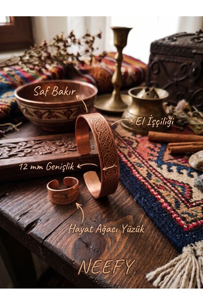 Neefy Saf Bakır Bileklik ve Hayat Ağacı Yüzük Seti - El İşçiliği Ayarlanabili...