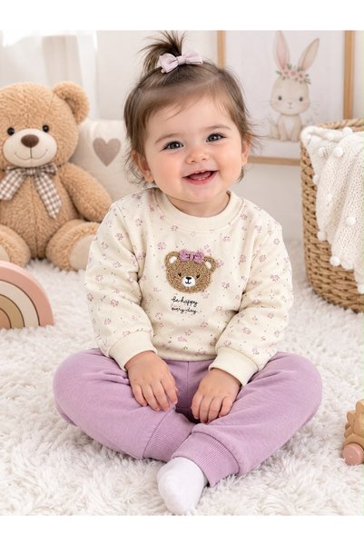 AKİ MODA KİDS Baby Girl Sweatshirt and Pants Set with a Teddy Bear Pattern (2...