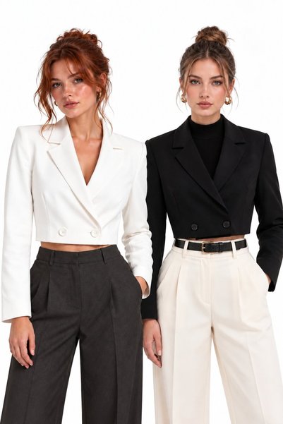 Saade Siyah-Beyaz Kadın Regular Fit Kruvaze Kapama Dokuma Crop Blazer Ceket -...