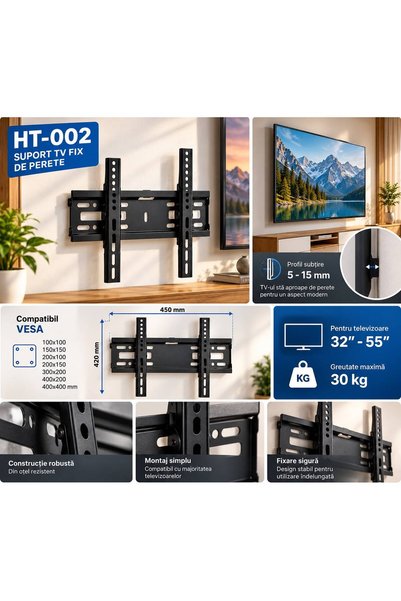 Generic Brand Suport TV de perete 32-55 inch, inclinare -5° pana la +15°, capacitate 30 kg, VESA, negru, HT-002