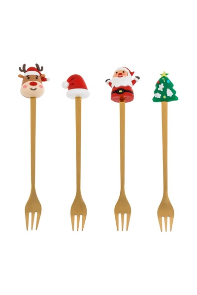 OEM Set 4 Furculițe Aurii de Crăciun 17 cm cu Figurine Moș Crăciun, Brad și R...