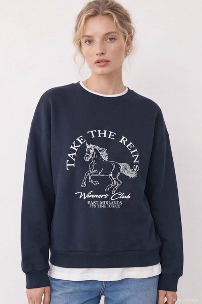 Quzu Women's Navy Blue T-Shirt with Printed Embroidery Details.