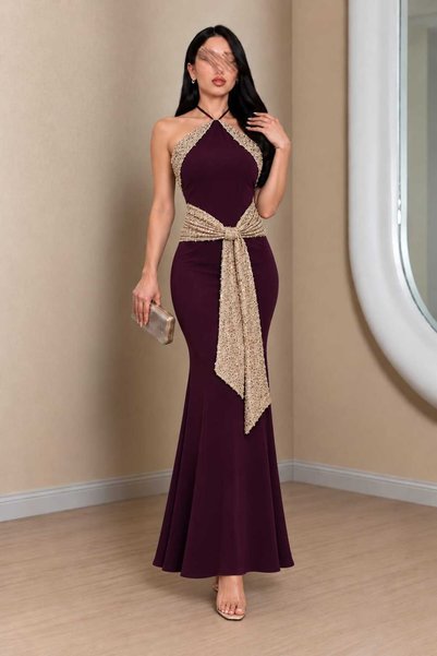 Generic Brand Women's Dark Purple Long Evening Dress with Luxury Gold Embroidery