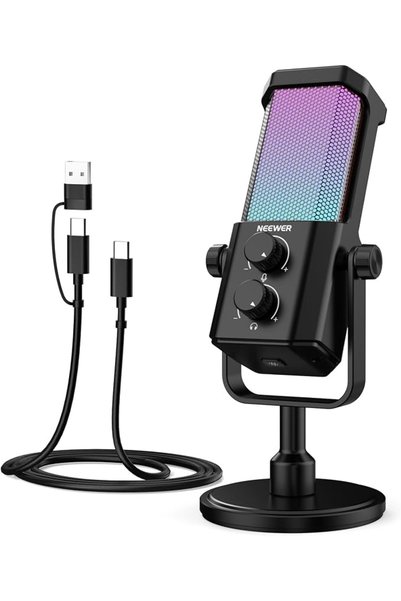 NEEWER ميكروفون بودكاست USB بتقنية الذكاء الاصطناعي، ميكروفون كارديويد RGB قا...