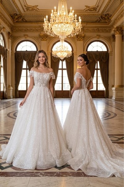 JABO WEDDİNG HOUSE GELİNLİK 38 BEDEN DUŞUK OMUZ DETYLI BONCUK VE PAYET İŞLEME...
