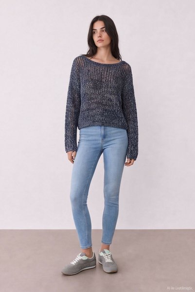 Quzu Women's Navy Blue Knitted Sweater & Cardigan