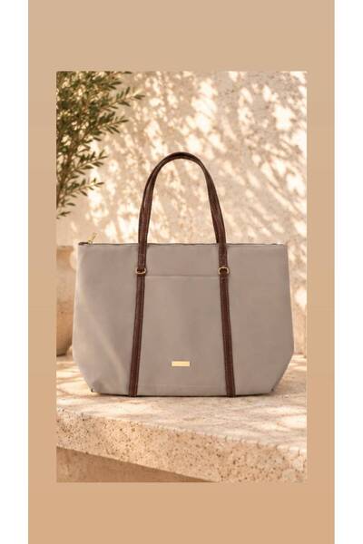 todays co Large Beige Zippered Handbag with Brown Handle Detail.