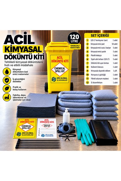 120 LT Acil Kimyasal Kiti – Tekerlekli Konteynerli, 12 Kalem Ekipmanlı Spill Kit