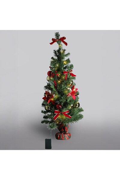 DD SHOP Brad decorativ de masă, cu 40 LED-uri fixe, globuri roșii și aurii, f...