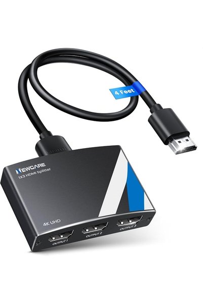 newcare موزع HDMI بدقة 4K، مدخل واحد وثلاثة مخارج، مع كابل HDMI بطول 2.6 قدم،...
