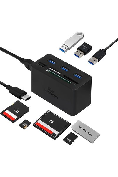Kingwin محول USB مع قارئ وكاتب بطاقات الذاكرة ومحور USB 3.0 - يدعم بطاقات SD ...