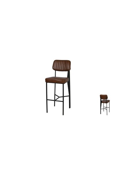 IN HOME STORE كرسي بار مودرن بظهر من الجلد البني وقاعدة معدنية سوداء