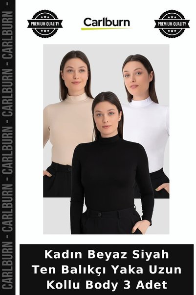 Carlburn Women's White Black Skin Tone Turtleneck Long Sleeve Bodysuit 3-Piec...