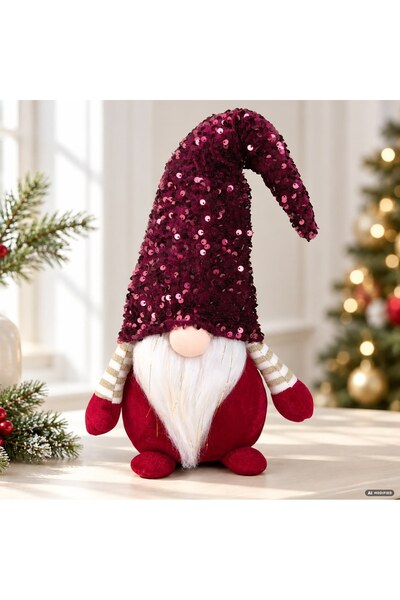DD SHOP Figurină gnome de Crăciun, cu căciulă din paiete, catifelat bordo și ...