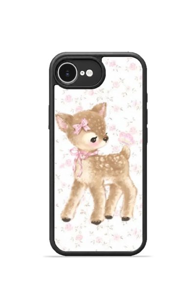 PiyasaSepeti iPhone 16E Vorian Black Hole Case, Pink Floral Design, Baby Deer.
