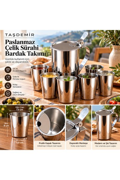 tasdemir Taşdemir 7 Parça Paslanmaz Çelik Sürahi ve 6’lı Bardak Seti – Çelik ...