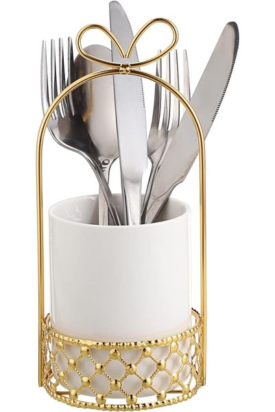 AZONEE Ceramic Silverware Holder for Tabletop, White Cutlery Organizer with G...