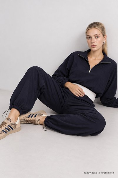 Lovelyİstanbul Contrast Trimmed Parachute Top and Bottom Set Lby0112 Navy Blue