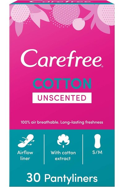 Carefree فوط صحية غير معطرة بملمس القطن، مقاس عادي، 100% قابلة للتهوية، لانتع...