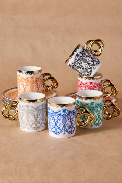 TR Set of 6 Porcelain Coffee Cups with Colorful Motifs.