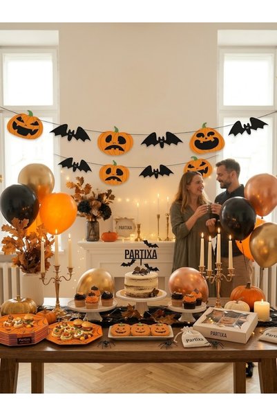 PPART Halloween Party Set - Set of 8 Spider Web Plates (23 cm), Pumpkin Banne...