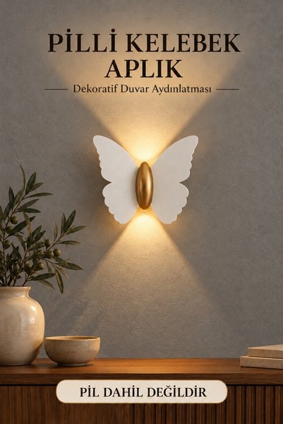 Edison Pilli Aplik Kelebek Model Beyaz Kablosuz LED Duvar Lambası Gün Işığı M...
