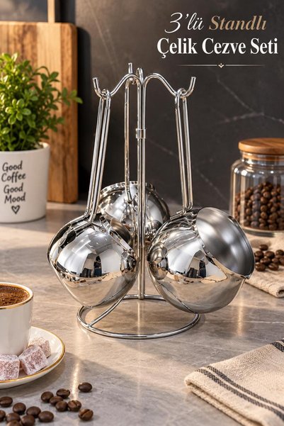 Tercih Home طقم إبريق قهوة من الفولاذ المقاوم للصدأ مع 3 حوامل.