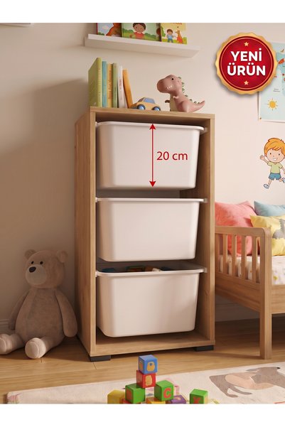 decosense 3 Adet Büyük Boy Çekmeceli 86 cm Safir Meşe Çocuk Odası Oyuncak Dol...