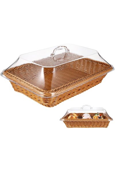 BokSung Woven Rattan Bread Basket with Acrylic Lid,Stylish Tabletop Display f...