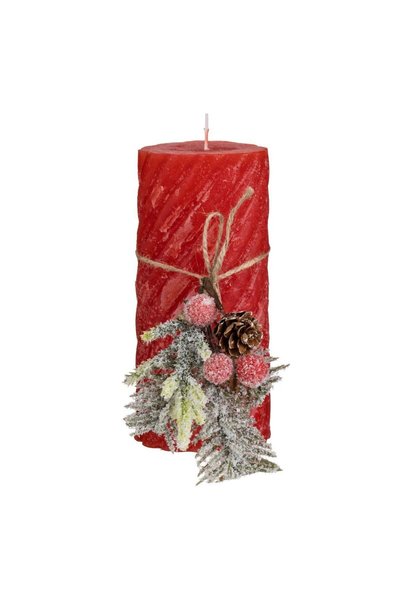 OEM Lumanare de Craciun Rosie cu Dungi Reliefate & Buchet Nins Ø6.5x10cm