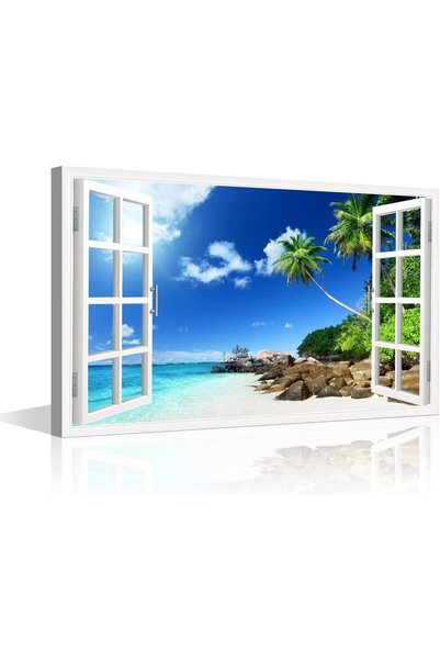 Generic 3D Window Effect Canvas Wall Art Beach Coconut Tree Landscape Picture...