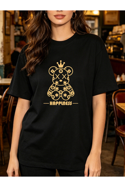 Arabest 100% Cotton T-Shirt Black Happiness crown bear Print