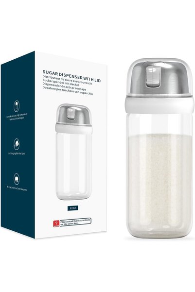 Generic Glass Sugar Dispenser with Side Pour Spout, Built-in Lid to Slow Down...