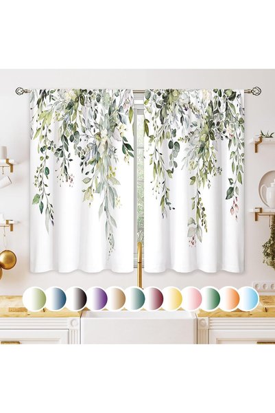 Generic Eucalyptus Botanical Leaves Floral Kitchen Window Curtains Over Sink ...